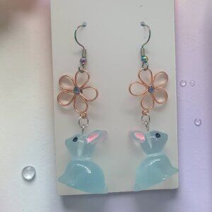 🐰 Easter Bunny Earrings Blue with Rose Gold Flowers Spring Jewelry 🩷